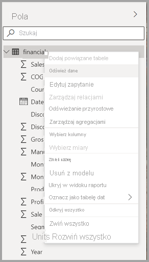 Screenshot of the new context menu for a table in Power BI Desktop.