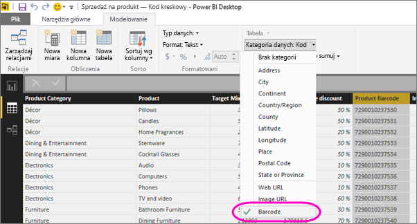 Zrzut ekranu programu Power BI Desktop przedstawiający kartę Narzędzia kolumn w widoku tabeli. Zostanie wybrana lista rozwijana Kategoria danych, a wyróżniono pozycję Kod kreskowy.