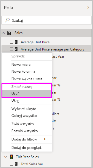 Zrzut ekranu przedstawiający opcje usuwania i zmieniania nazwy szybkiej miary w menu rozwijanym.