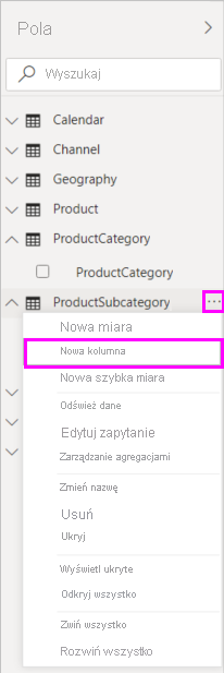 Zrzut ekranu przedstawiający pozycję Nowa kolumna w menu rozwijanym.