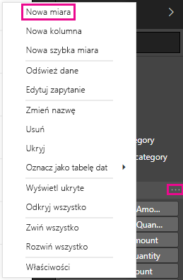 Zrzut ekranu przedstawiający nową miarę z listy w menu.