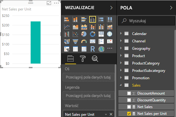 Zrzut ekranu przedstawiający kwotę sprzedaży netto na jednostkę dla wszystkich sprzedanych produktów.