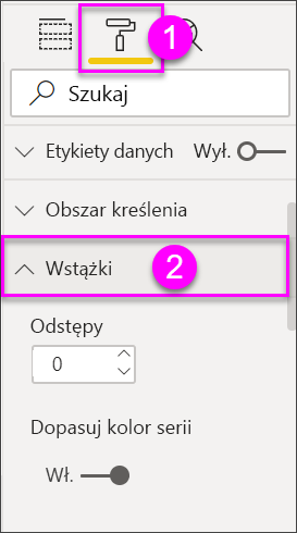 Zrzut ekranu przedstawiający opcje formatowania wizualizacji wykresu wstążkowego.