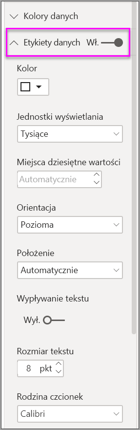 Zrzut ekranu przedstawiający opcje formatowania etykiet danych w usłudze Power BI.