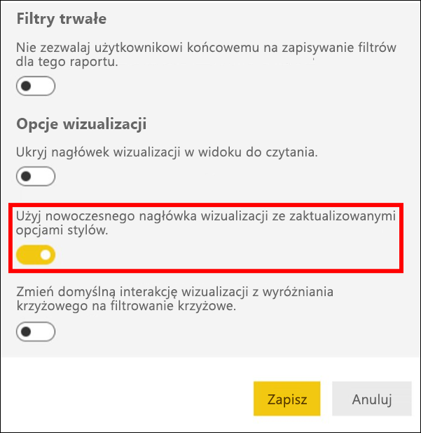 Zrzut ekranu przedstawiający wybraną pozycję Włącz nowoczesny nagłówek wizualizacji.