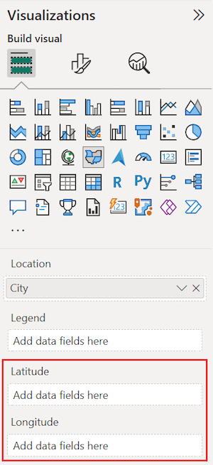 Zrzut ekranu przedstawiający sposób ustawiania opcji szerokości i długości geograficznej dla wypełnionej mapy w usłudze Power BI.