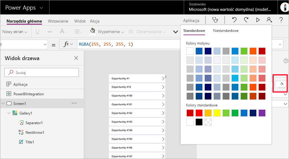 Zrzut ekranu przedstawiający paletę kolorów używaną do ustawiania właściwości Fill.