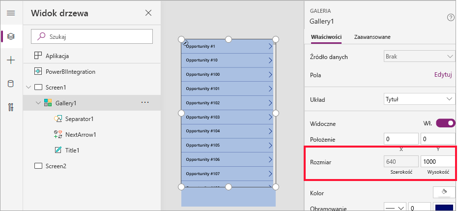 Zrzut ekranu przedstawiający sposób zmieniania wymiarów galerii.
