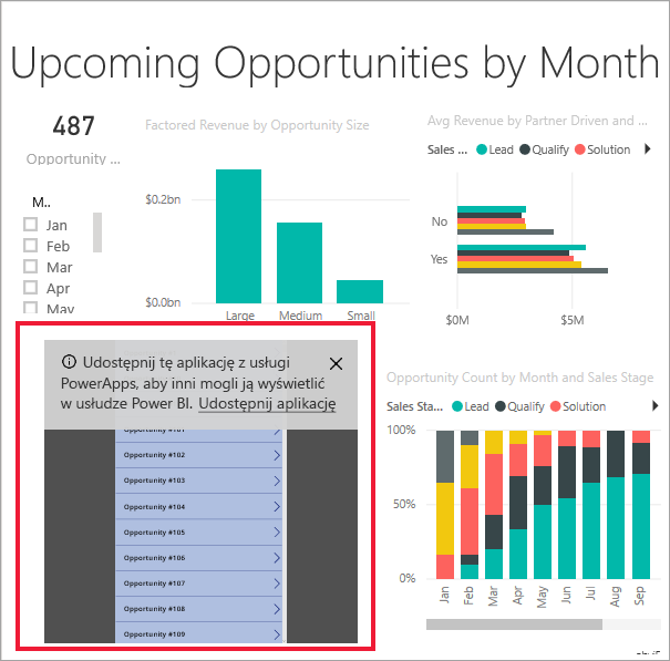 Zrzut ekranu przedstawiający wizualizację usługi Power Apps w raporcie usługi Power BI.