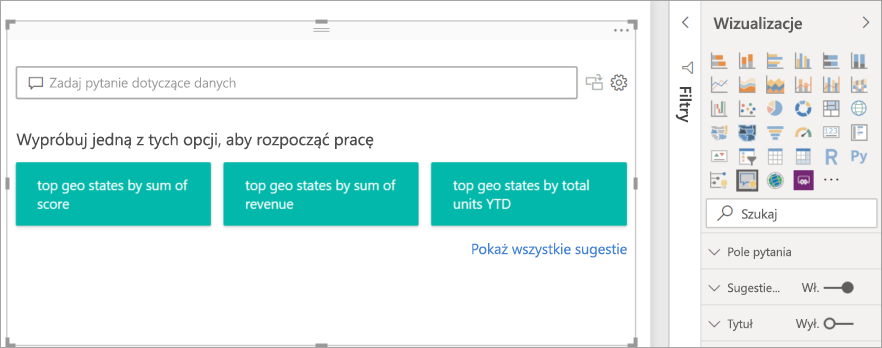 Zrzut ekranu przedstawiający zmienioną rozmiar wizualizacji pytań i pytań na kanwie raportu w usłudze Power BI.