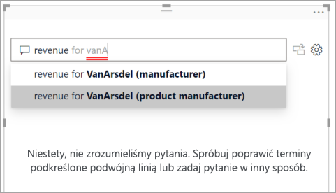 Zrzut ekranu przedstawiający pole pytania i odpowiedzi z nierozpoznanymi słowami podkreślonymi na czerwono i sugerowanymi pytaniami z usługi Power BI.