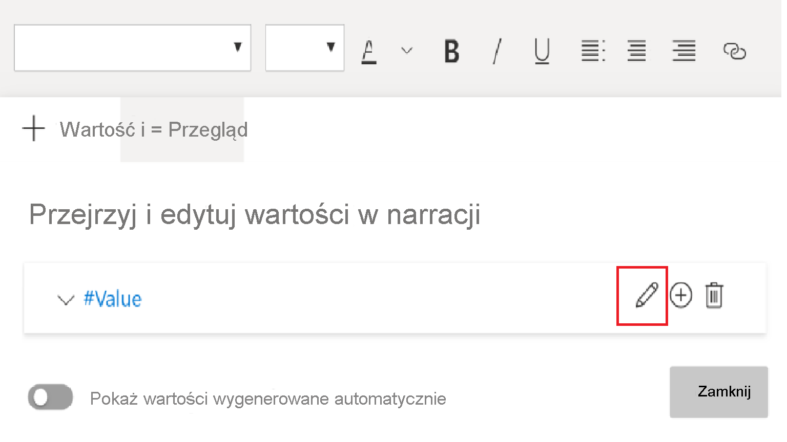 Zrzut ekranu przedstawiający pole tekstowe z wybraną kartą Wartość. Obok nazwy wartości wyróżniony jest przycisk edycji.