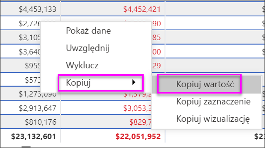 Zrzut ekranu przedstawiający sposób kopiowania wartości komórki do użycia w innych aplikacjach.