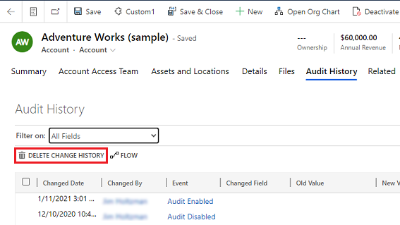 Wybierz opcję Usuń historię zmian, aby usunąć wszystkie dzienniki dotyczące wybranego rekordu.