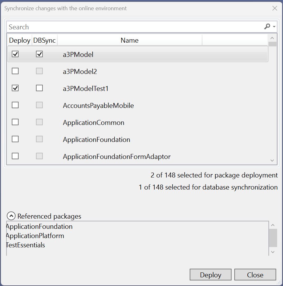 The deploy modules dialog