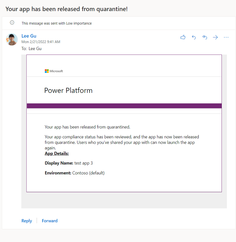 Twórcy aplikacji otrzymują wiadomość e-mail z informacją, że ich aplikacja została zwolniona z kwarantanny.