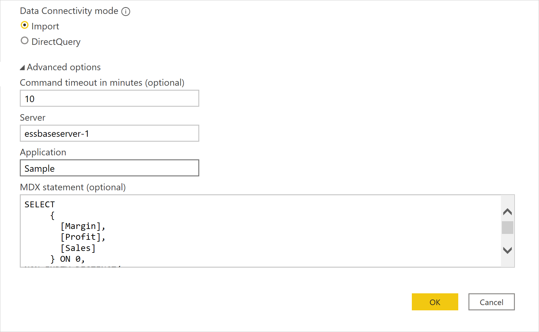 Essbase connection authentication with command timeout and MDX advanced options set (Essbase connection authentication with command timeout and MDX advanced options set).