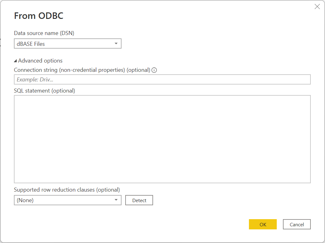 Screenshot of the O D B C connector dialog, showing the D S N and Advanced options.