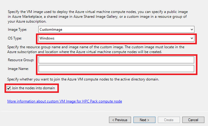 Screenshot shows the Specify the V M image dialog. O S type, resource group and image name are highlighted. Join the nodes into domain is checked.