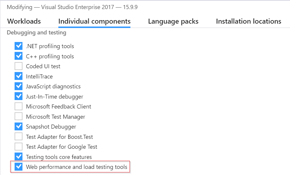 Zrzut ekranu przedstawiający interfejs użytkownika instalatora programu Visual Studio z wybranymi poszczególnymi składnikami z polem wyboru obok elementu dla narzędzi do testowania wydajności i obciążenia sieci Web.