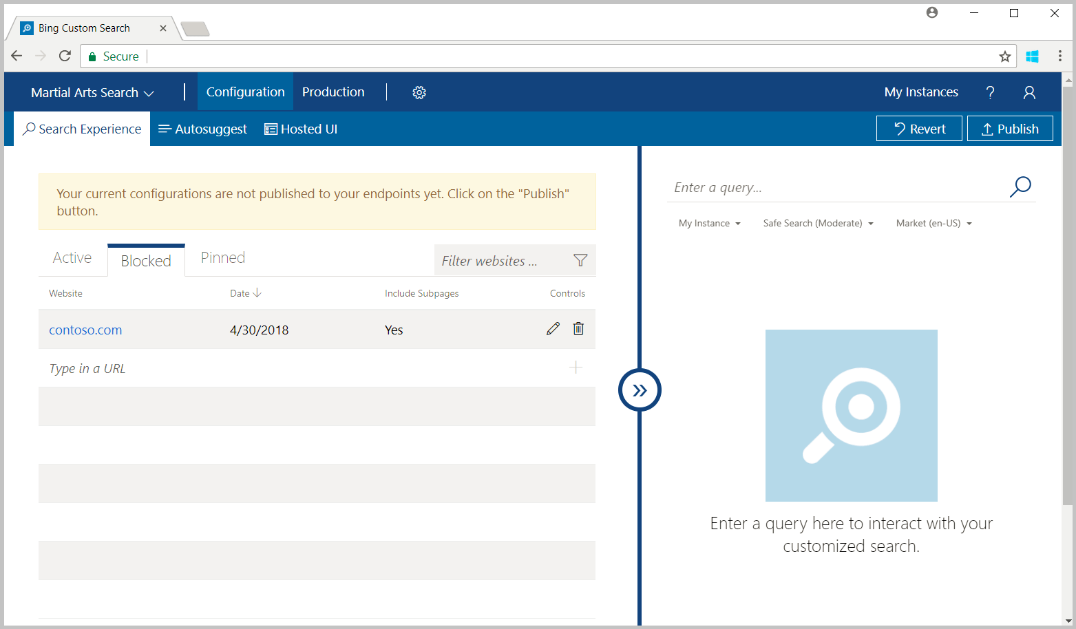 Zrzut ekranu przedstawiający kartę wpisów zablokowanych w edytorze definicji