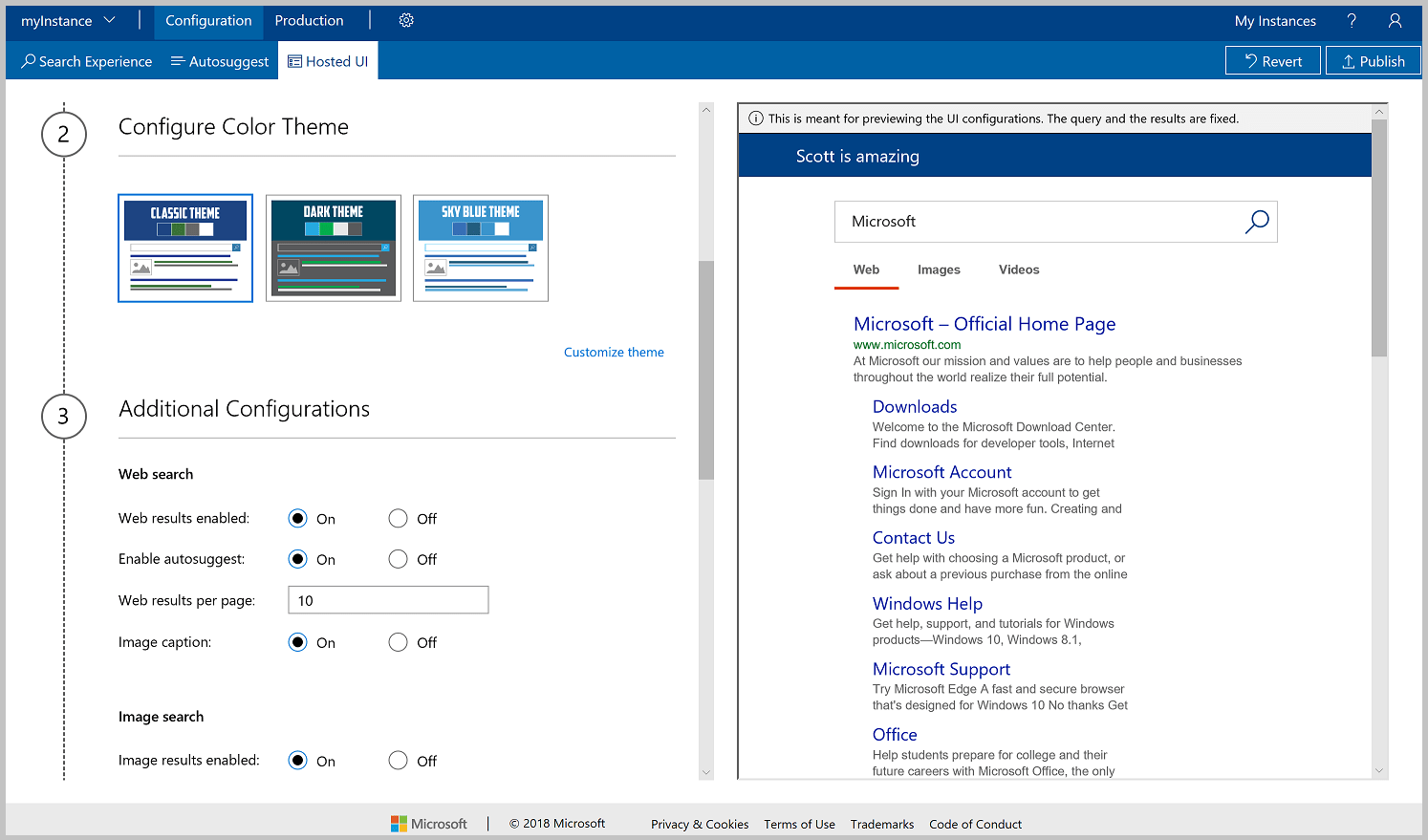 Zrzut ekranu przedstawiający wybieranie motywu kolorów na karcie Hosted UI (Hostowany interfejs użytkownika)