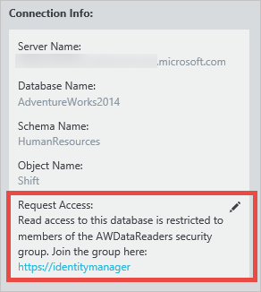 Przykładowe okienko właściwości zasobu danych z wyróżnioną sekcją Informacje o połączeniu z wyróżnionym polem tekstowym Request Access (Żądanie dostępu).
