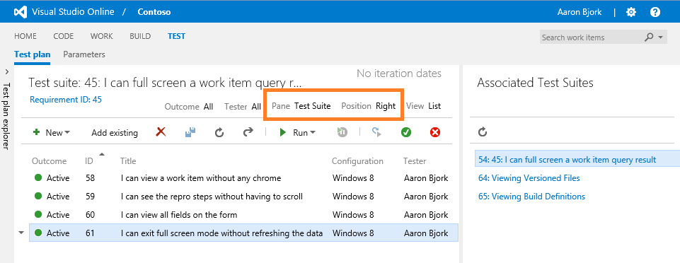 Test suites pane