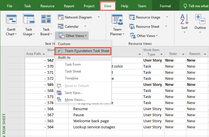 Open Team Foundation Task View in Project