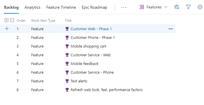 Screenshot of Features backlog.