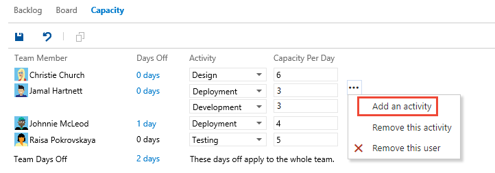 Screenshot of Add activity to capacity tracking for an individual.