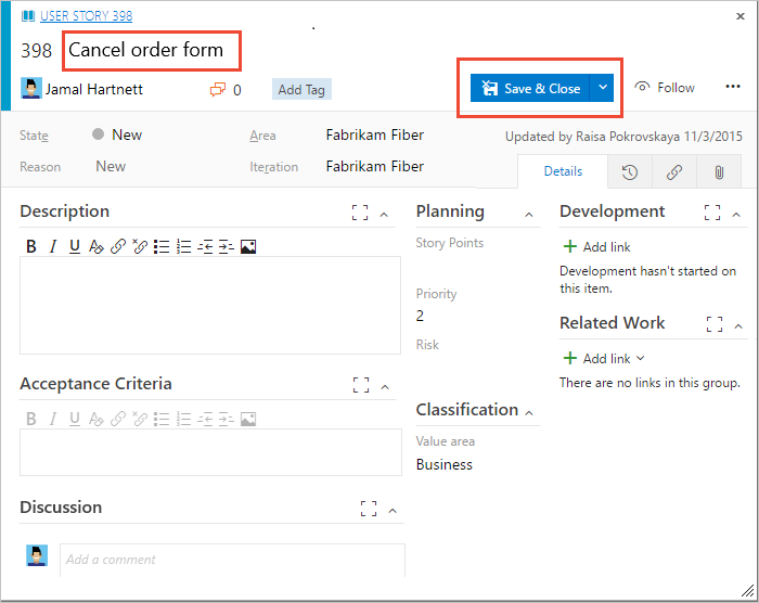 Agile process, User story work item form