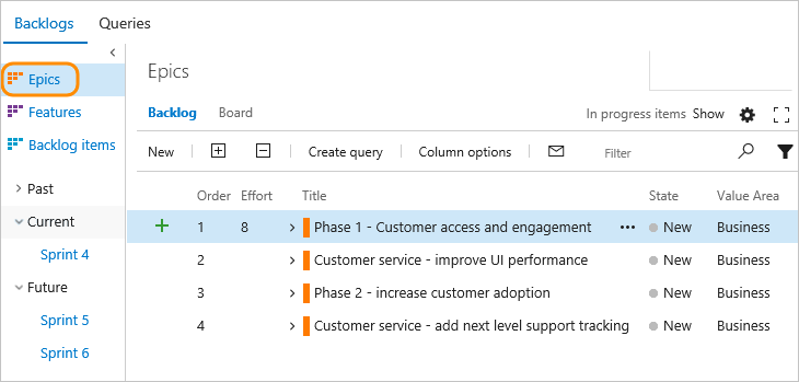 Screenshot of Epics pane and Value Area columns.