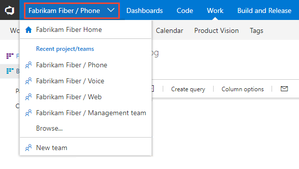 Screenshot of Choose another team, TFS 2018 version.