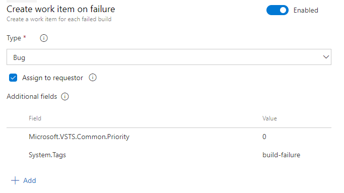 Screenshot of Create work item on failure in build options.