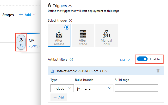 A screenshot showing pre-deployment artifact filters.