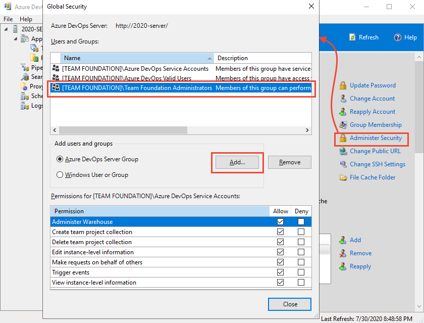 Screenshot of the Global Security dialog box with the Team Foundation Administrators group and the Add option called out.