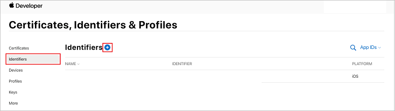 Strona identyfikatorów aplikacji w portalu aprowizowania dla systemu iOS