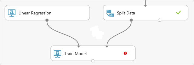 Łączenie modułu „Train model” (Uczenie modelu) z modułami „Linear Regression” (Regresja liniowa) i „Split Data” (Podział danych)