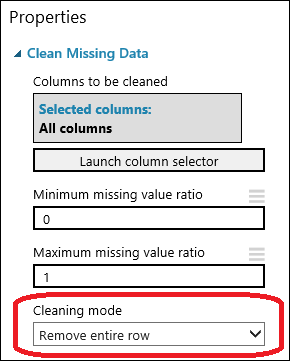 Ustawianie trybu czyszczenia na wartość „Remove entire row” (Usuń cały wiersz) w module „Clean Missing Data” (Czyszczenie brakujących danych)