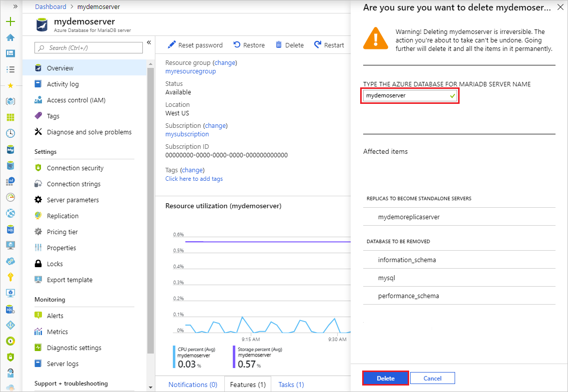 Azure Database for MariaDB - Delete master confirm