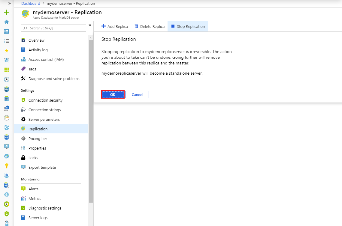 Azure Database for MariaDB - Stop replication confirm