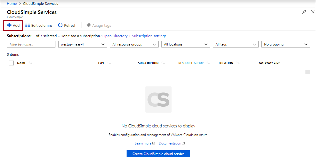 Dodawanie usługi CloudSimple