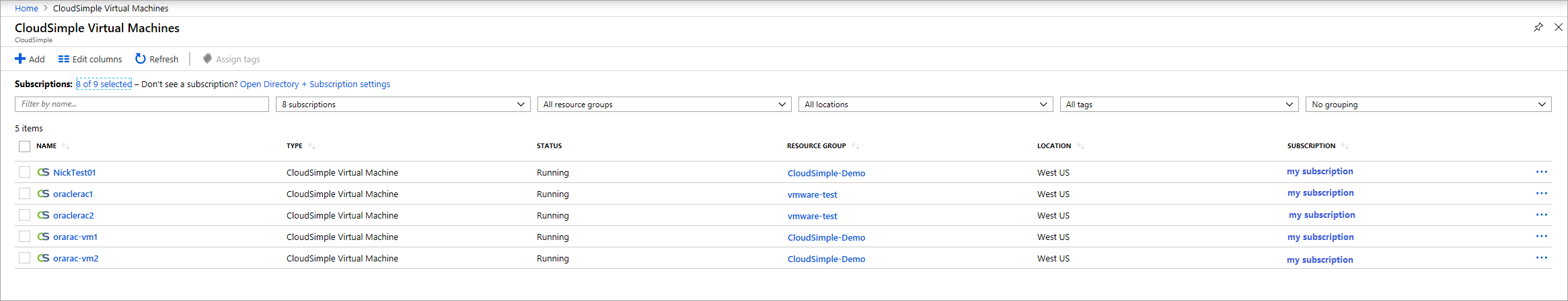 Lista Virtual Machines CloudSimple