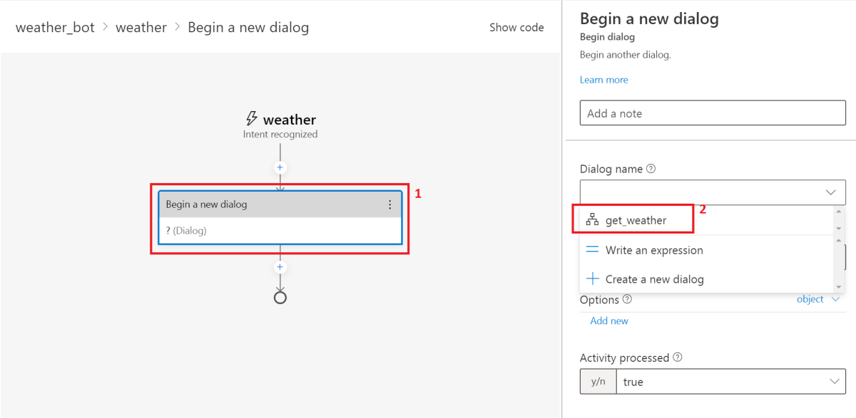 Associate weather trigger with the get weather dialog.