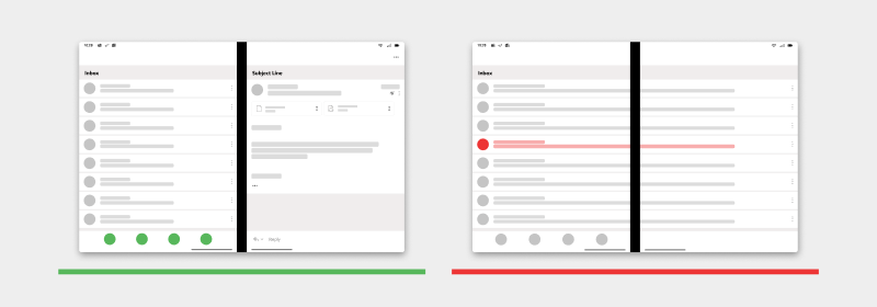 Diagram shows a bottom menu on the list side of the screen, not crossing the hinge.