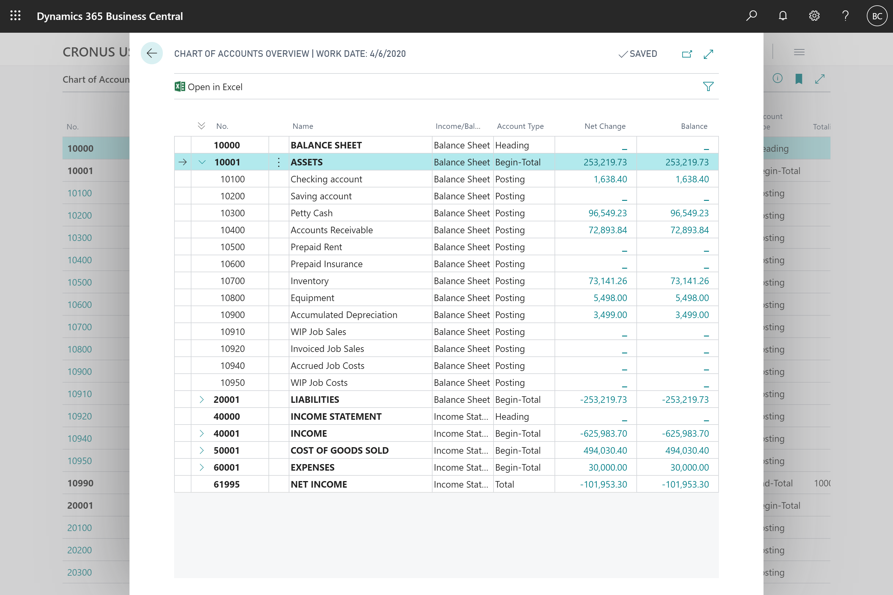 Exploring the Chart of Accounts Overview using expand and collapse buttons