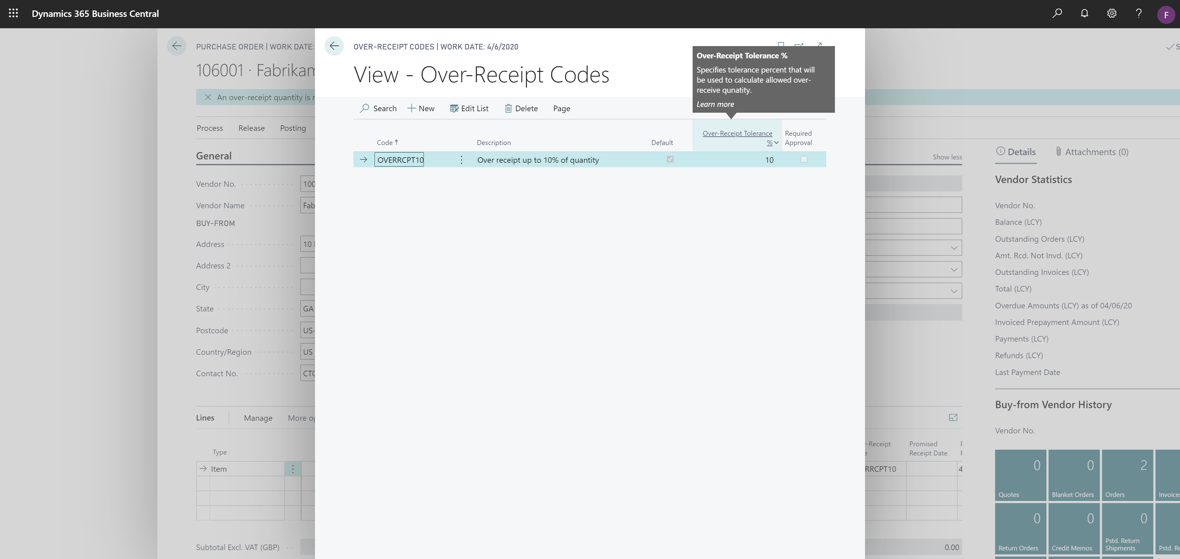 Shows over-receipt codes with over-receipt tolerance field highlighted