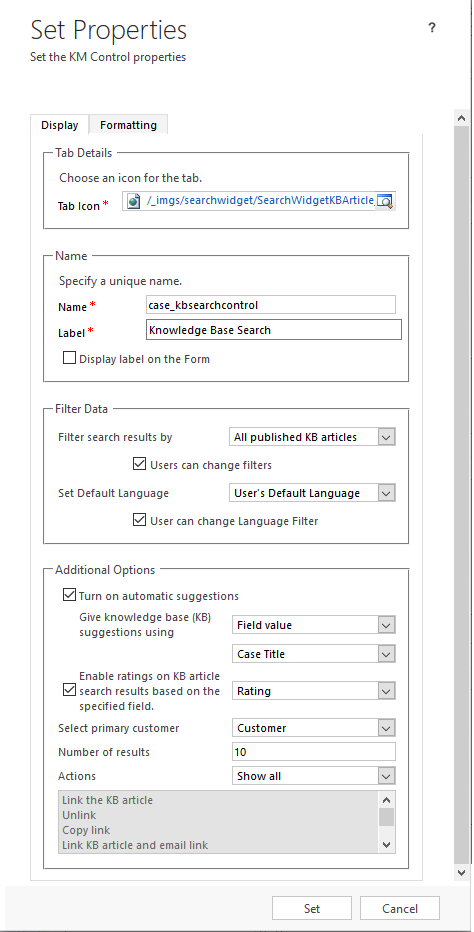 Set properties for Knowledge Base Search control