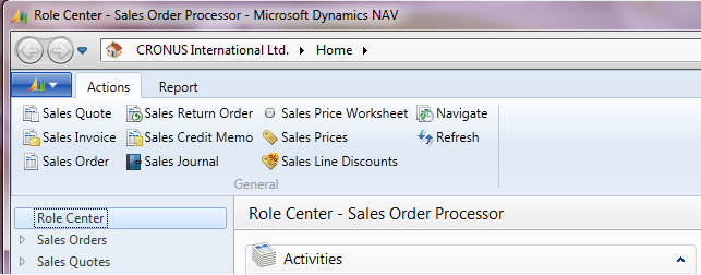 Ribbon on the Sales Order Role Center